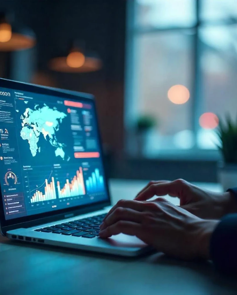 Tableau de bord digital sombre avec carte du monde et analytics – visibilité en ligne et croissance digitale